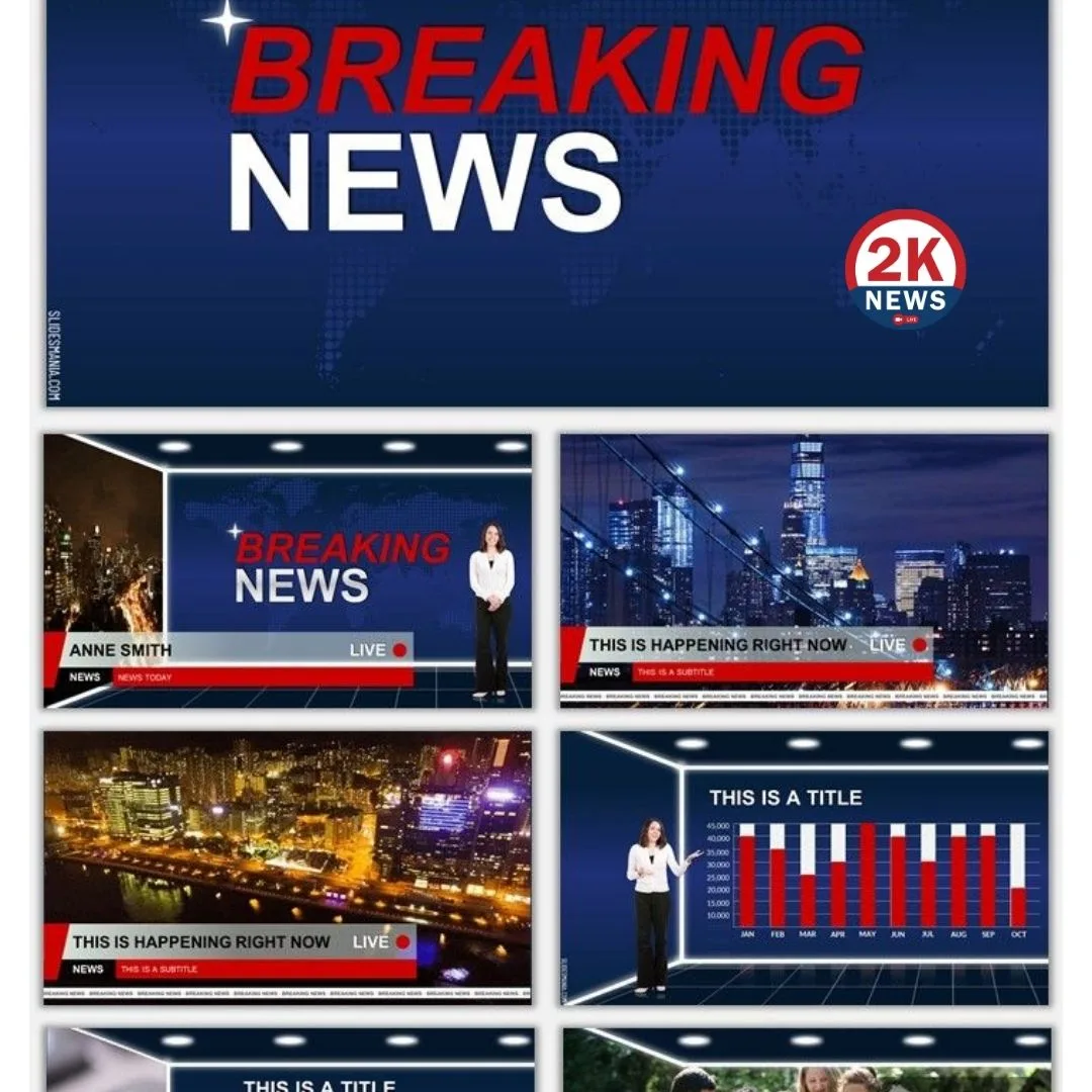 इस इमेज में "2K News" चैनल का एक प्रोफेशनल ब्रेकिंग न्यूज़ टेम्पलेट दिखाया गया है, जिसमें लाइव रिपोर्टिंग, एंकर प्रजेंटेशन, और ग्राफिकल डेटा एनालिसिस के एलिमेंट्स शामिल हैं। 1 4